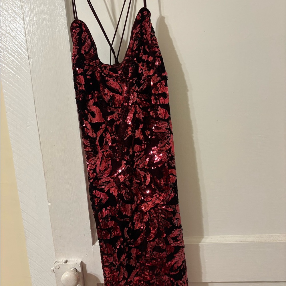 Faux Fur Burgundy Jacket and Midi Sequin Prom Dress - Picture 2 of 10